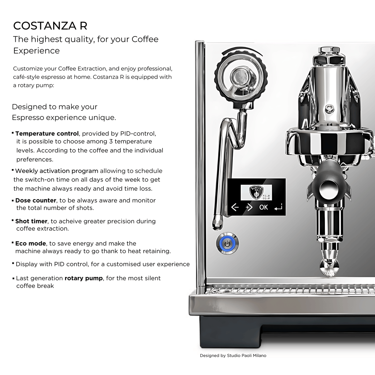 Eureka Costanza R Espresso Machine, PID Control, Rotary Pump