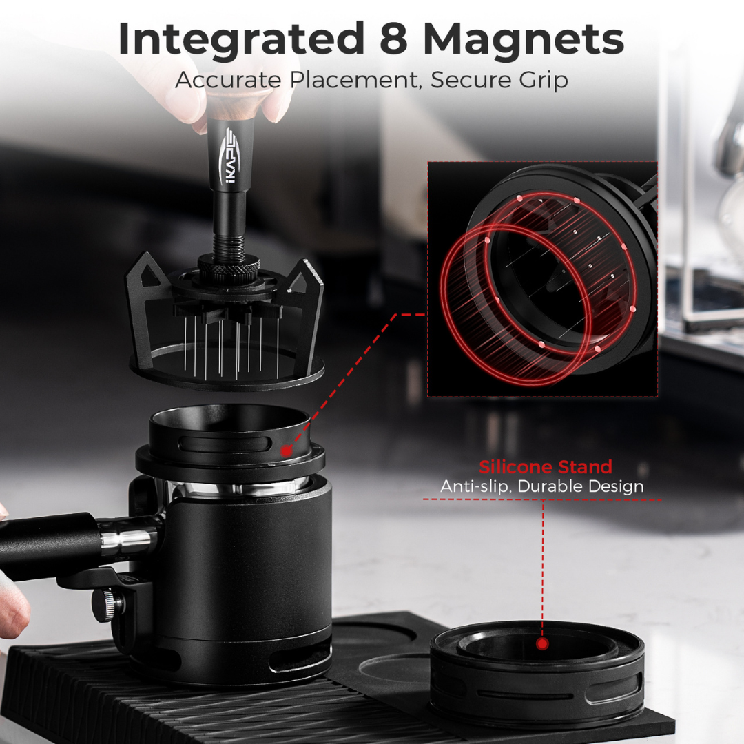 IKAPE V3 Espresso WDT Tool – Rotary Springback Distribution Tool with Funnel (51mm / 54mm / 58mm)