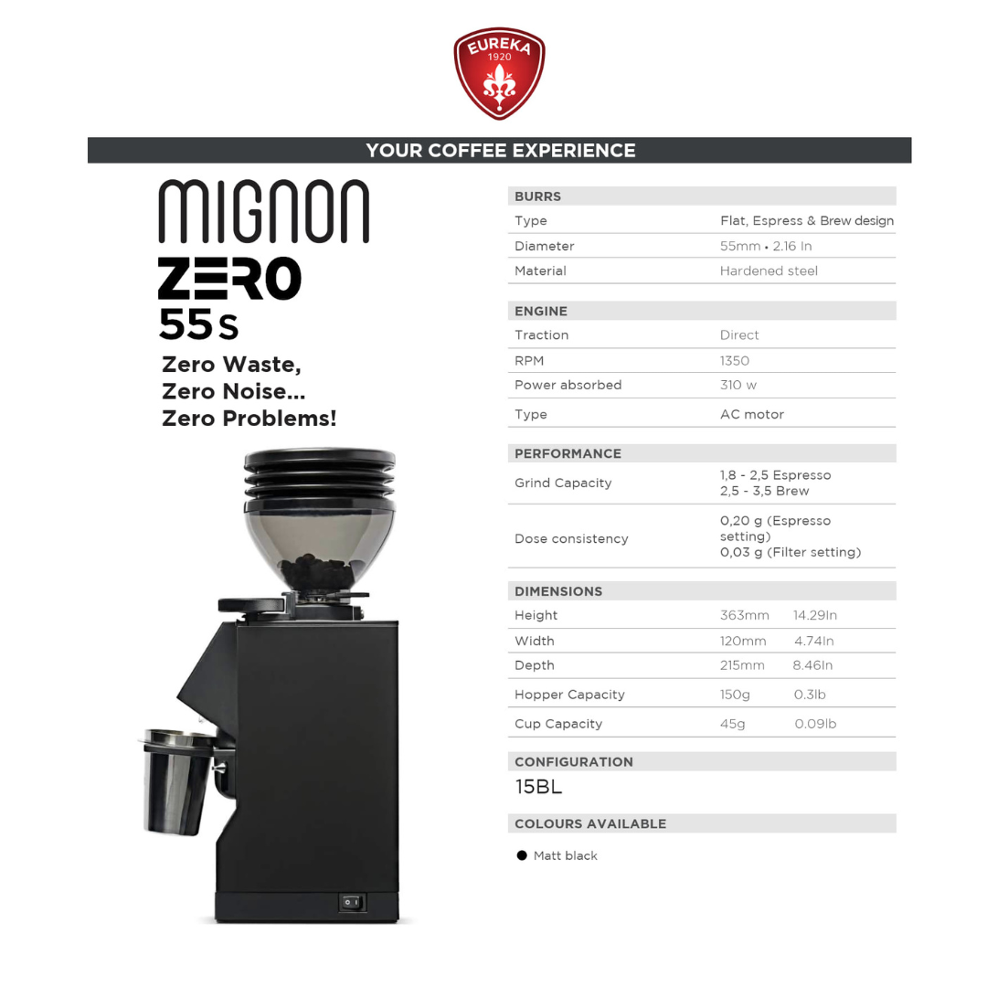 Eureka Mignon Zero 55S Coffee Grinder - 55mm Single Dose Zero Retention (Espresso & Brew)