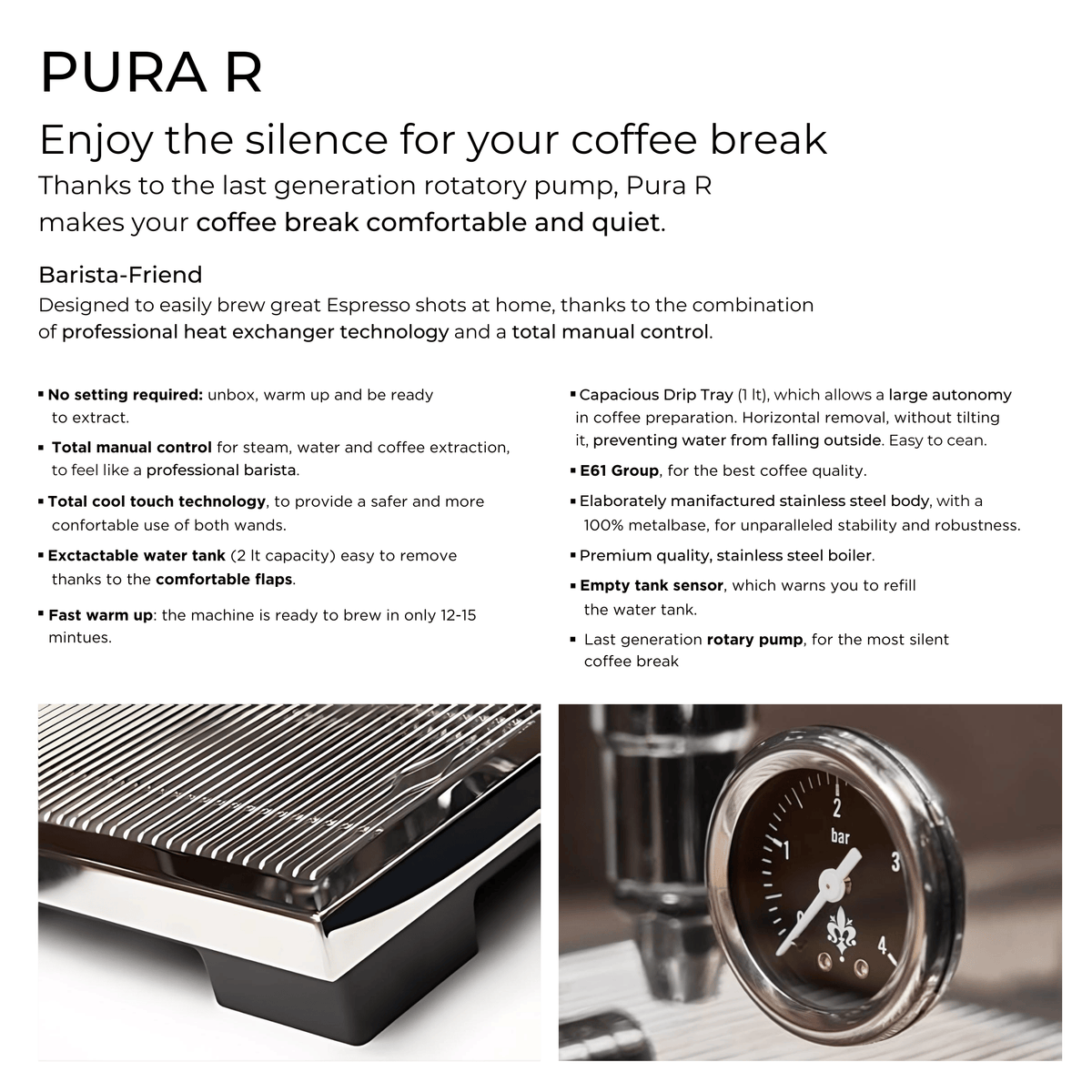 Eureka Pura R Espresso Machine, Rotary Pump, E61 Group Head